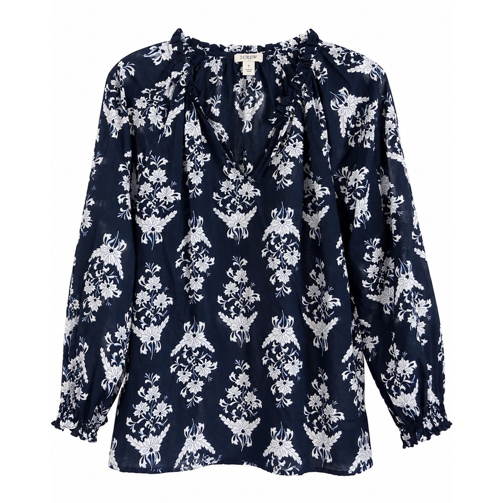 J.Crew Ruffle Neck Blouse Small Navy White Floral 100% Cotton Preppy Tunic